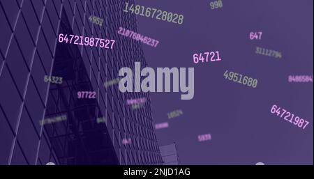 Image of data processing and numbers over cityscape Stock Photo