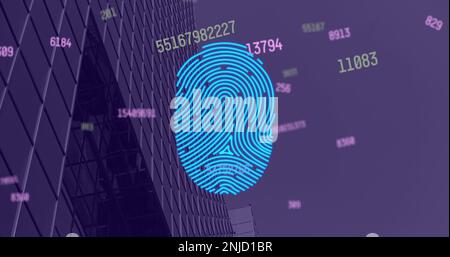 Image of fingerprint and data processing over cityscape Stock Photo