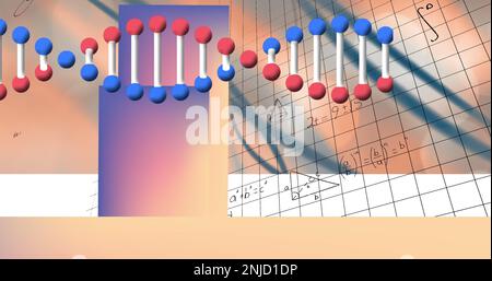 Image of data processing and mathematical equations and dna strand Stock Photo