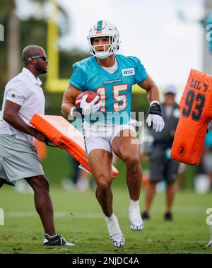 Miami Dolphins linebacker Jaelan Phillips (15) talks with the news media  after practice at the NFL football team's training facility, Tuesday, June  6, 2023, in Miami Gardens, Fla. (AP Photo/Lynne Sladky Stock