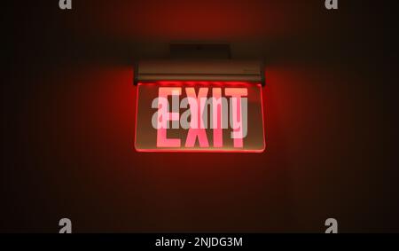 Hallway exit sign vibrant in corridor showing evacuation during emergency neon Stock Photo