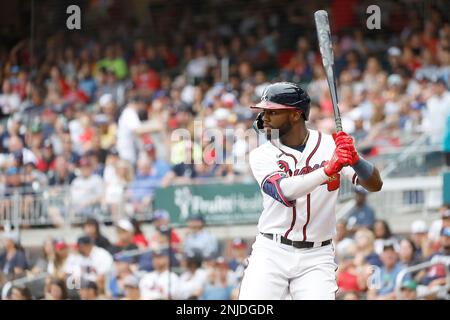 ATLANTA, GA - JULY 04: Rookie Atlanta Braves center fielder Michael Harris  II (23) bats during the Monday evening MLB game between the Atlanta Braves  and the St. Louis Cardinals on July