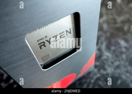 HAVIROV, CZECH REPUBLIC - FEBRUARY 2, 2023: AMD Ryzen 5 5600G CPU in a box before mounted into the new computer Stock Photo