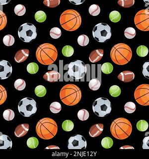 Seamless vector pattern with different types of sport balls in flat technique Stock Vector