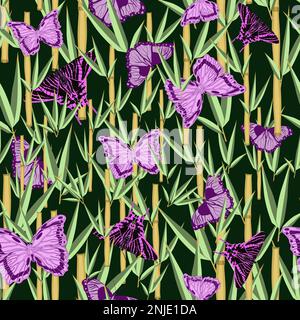 Seamless botanical pattern with butterflies in bamboo leaves vector illustration Stock Vector