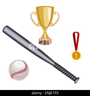 Baseball winner set with bat, ball, gold medal, and Cup vector illustration Stock Vector