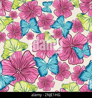 Seamless floral pattern with butterflies on the flower heads vector illustration Stock Vector