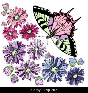 A butterfly with gerbera flowers and buds vector illustration Stock Vector