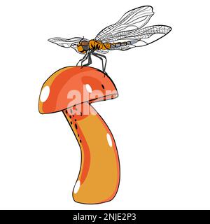 Dragonfly sits on a mushroom vector illustration Stock Vector