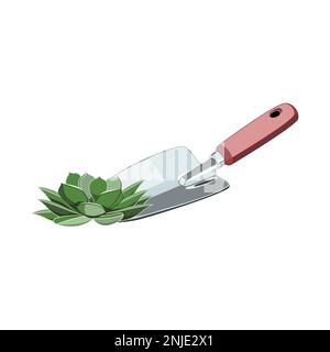 Gardening shovel with succulent in flat technique vector illustration Stock Vector
