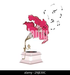 Vector gramophone with flower of nasturtium and musical notes in flat technique Stock Vector