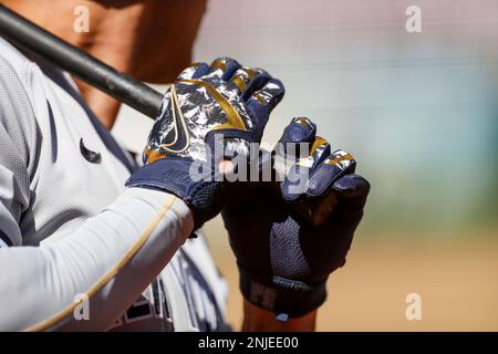 OAKLAND, CA - AUGUST 28: Detailed view of batting gloves worn by