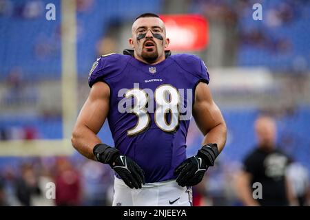 Fullback (38) Ben Mason of the Baltimore Ravens on the sideline against the  Arizona Cardinals in an NFL preseason football game, Sunday, Aug. 21, 2022,  in Glendale, Ariz.(AP Photo/Jeff Lewis Stock Photo 