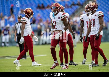 BALTIMORE, MD - AUGUST 27: Washington Commanders safety Bobby McCain (20)  prior to the NFL preseason football game between the Washington Commanders  and Baltimore Ravens on August 27, 2022 at M&T Bank