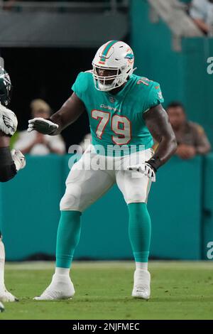 MIAMI GARDENS, FL - AUGUST 27: Philadelphia Eagles linebacker Kyron Johnson  (58) blitzes the pocket during the game between the Philadelphia Eagles and  the Miami Dolphins, on Saturday, August 27 at Hard