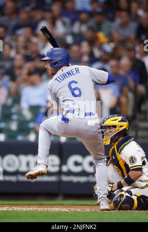 MILWAUKEE, WI - AUGUST 17: Los Angeles Dodgers left fielder Chris Taylor  (3) bats during an MLB game against the Milwaukee Brewers on August 17,  2022 at American Family Field in Milwaukee