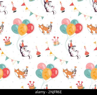 Flat background with dogs, husky and english bulldog, cakes, garlands, balloons. Vector seamless texture of festive attributes for dog party. Isolated, for printing on clothing, postcards, packaging. Stock Vector