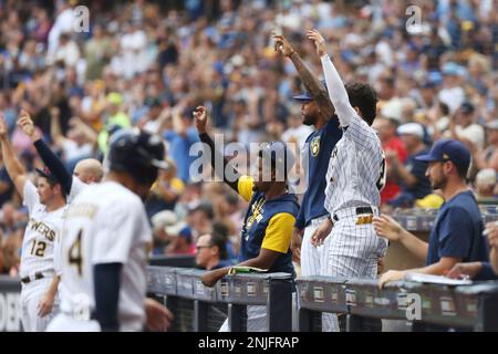 Milwaukee Brewers' Garrett Mitchell celebrates after hitting a home run  during the sixth inning of a baseball game against the New York Mets  Tuesday, April 4, 2023, in Milwaukee. (AP Photo/Morry Gash