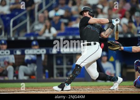 Miami Marlins outfielders JJ Bleday, left to right, Peyton Burdick and  Jerar Encarnacion celebrate after the team's 3-0 victory against the  Oakland Athletics in Oakland, Calif., Monday, Aug. 22, 2022. (AP  Photo/Godofredo