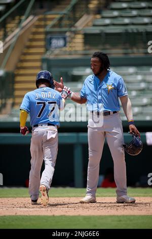 FCL Rays catcher Felix Salguera (86) rounds the bases after hitting a home  run during a Florida Complex League baseball game against the FCL Orioles  on July 14, 2022 at Ed Smith