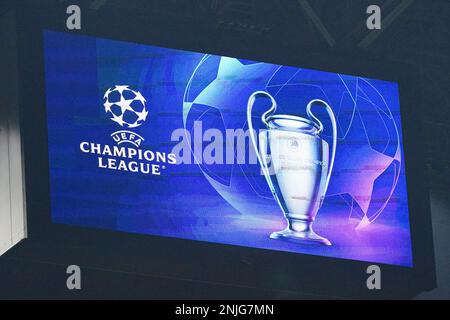 The UEFA Champions League logo and cup on the led wall during the UEFA Champions League football match between FC Internazionale and FC Porto on February 22, 2023 at Giuseppe Meazza Stadium in Milan, Italy. Photo Luca Rossini/E-Mage Stock Photo