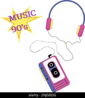 Illustration of an audio player, headphones. 90s retro style. Vector on white background. For flyers, covers and posters, brochures and advertisements Stock Vector