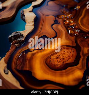 Wood slab with epoxy resin surface abstract background. Decorative interior timber closeup, detailed wooden texture. Natural polished brown wood material abstract pattern. Stock Photo