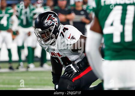 Atlanta Falcons guard Germain Ifedi (74) watches before a