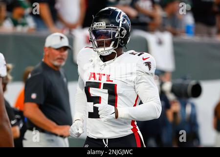 EAST RUTHERFORD, NJ - AUGUST 22: Atlanta Falcons linebacker DeAngelo Malone  (51) during warm up prior to the National Football League game between the  New York Jets and the Atlanta Falcons on