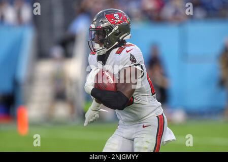 NASHVILLE, TN - AUGUST 20: Tampa Bay Buccaneers linebacker Andre Anthony  (46) rushes the passer during the Tampa Bay Buccaneers-Tennessee Titans Preseason  game on August 20, 2022 at Nissan Stadium in Nashville