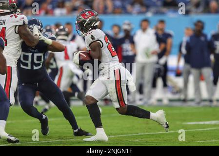 NASHVILLE, TN - AUGUST 20: Tampa Bay Buccaneers linebacker Andre Anthony  (46) rushes the passer during the Tampa Bay Buccaneers-Tennessee Titans Preseason  game on August 20, 2022 at Nissan Stadium in Nashville