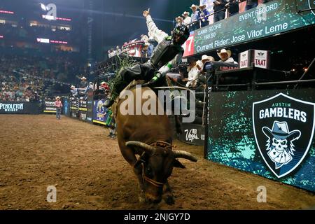 NASHVILLE, TN - AUGUST 20: Austin Gamblers Ezekiel Mitchell rides bull ...