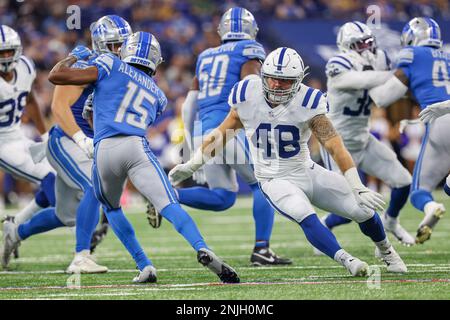 Detroit Lions running back Godwin Igwebuike (35) breaks a tackle by  Indianapolis Colts linebacker James Skalski (48) during an NFL football  game, Saturday, Aug. 20, 2022, in Indianapolis. (AP Photo/Zach Bolinger  Stock Photo - Alamy