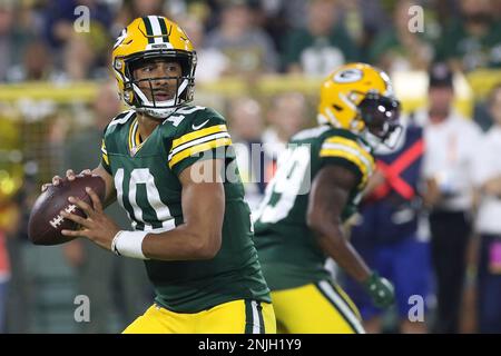 GREEN BAY, WI - AUGUST 19: Green Bay Packers safety Micah Abernathy (46)  intercepts a pass during an NFL preseason game between the Green Bay Packers  and the New Orleans Saints on