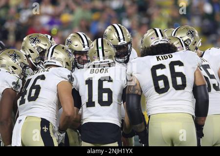 GREEN BAY, WI - AUGUST 19: Green Bay Packers safety Micah Abernathy (46)  intercepts a pass during an NFL preseason game between the Green Bay Packers  and the New Orleans Saints on