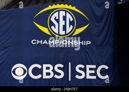 A detailed view of a SEC Championship logo prior to the Southeastern  Conference championship NCAA college football game Alabama and Georgia,  Saturday, Dec. 4, 2021, in Atlanta, Ga. Alabama won 41-24.(Logan Bowles