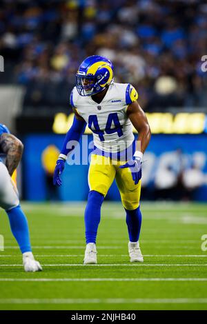 INGLEWOOD, CA - AUGUST 13: Los Angeles Rams linebacker Daniel Hardy (44)  defends during the NFL preseason football game against the Los Angeles  Chargers on August 13, 2022, at SoFi Stadium in Inglewood, CA. (Photo by  Ric Tapia/Icon