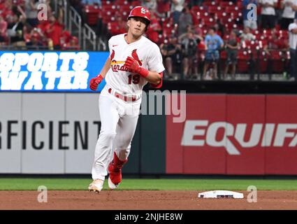 May 08 2022 San Francisco CA, U.S.A. St. Louis second baseman Tommy Edman  (19) up at bat during MLB game between the St. Louis Cardinals and the San  Francisco Giants in the