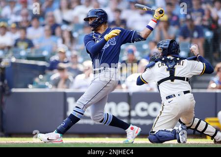 MILWAUKEE, WI - AUGUST 10: Tampa Bay Rays left fielder David Peralta (6)  bats during an MLB game against the Milwaukee Brewers on August 10, 2022 at  American Family Field in Milwaukee