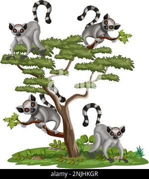 Lemurs on a tree on white background illustration Stock Vector