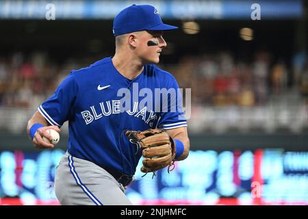 MINNEAPOLIS, MN - AUGUST 04: Toronto Blue Jays infielder Bo Bichette (11)  takes a swing during a game between the Minnesota Twins and Toronto Blue  Jays on August 4, 2022 at Target Field in Minneapolis, MN.(Photo by Nick  Wosika/Icon Sportswire