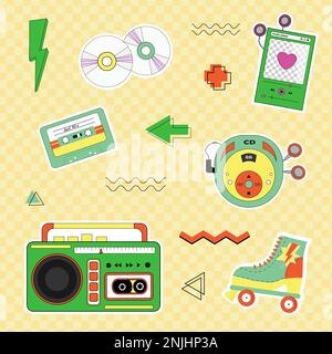 Tape recorder, player, CD discs and roller skates. Set of retro stickers 90s.  Stock Vector
