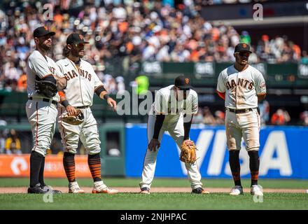 May 21 2022 San Francisco CA, U.S.A. San Francisco shortstop Brandon  Crawford (35) up at bat during MLB game between the San Diego Padres and  the San Francisco Giants in the fourth