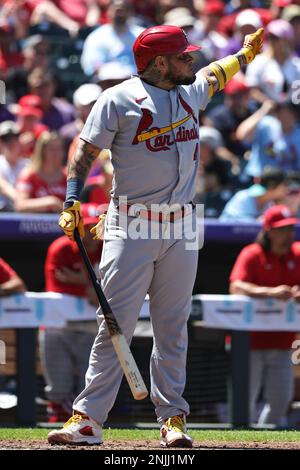 CLEVELAND, OH - JULY 28: Yadier Molina (4) of the St. Louis Cardinals looks  on while waiting to bat during a game against the Cleveland Indians at Pro  Stock Photo - Alamy