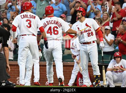 St Louis, USA. 30th April, 2022. St. Louis Cardinals first baseman Paul  Goldschmidt walks off the field with his Gold Glove Award presented to him  by Rawlings Sporting Goods at Busch Stadium