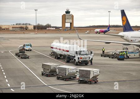 Fuel Tank Trucks at an airport with jet fuel Stock Photo - Alamy