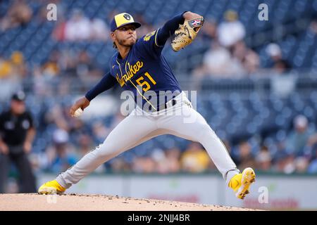 Pittsburgh, United States. 06th Sep, 2023. Milwaukee Brewers starting  pitcher Freddy Peralta (51) throws in the third inning against the  Pittsburgh Pirates at PNC Park on Wednesday, September 6, 2023 in  Pittsburgh.