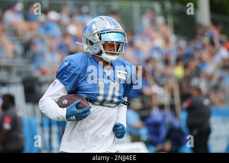 Detroit Lions wide receiver Calvin Johnson smiles at the teams NFL football  practice facility in Allen Park, Mich., Tuesday, July 30, 2013. (AP  Photo/Paul Sancya Stock Photo - Alamy