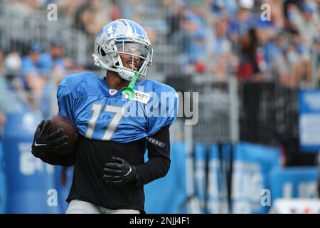 ALLEN PARK, MI - AUGUST 05: Detroit Lions WR Kalil Pimpleton (83) in action  during Lions training camp on August 5, 2022 at Detroit Lions Training Camp  in Allen Park, MI (Photo