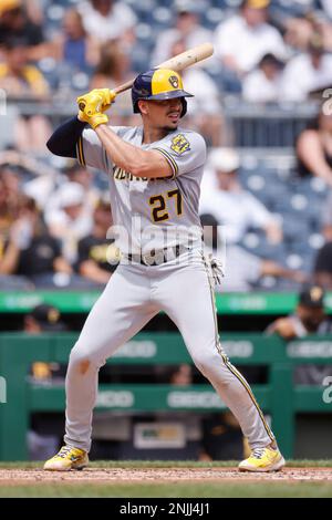 MILWAUKEE, WI - AUGUST 31: Milwaukee Brewers shortstop Willy Adames (27)  bats during an MLB game against the Pittsburgh Pirates on August 31, 2022  at American Family Field in Milwaukee, Wisconsin. (Photo